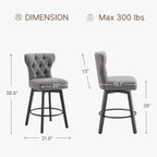 Counter Height Barstools 26 inch Upholstered Button Tufted Swivel Bar Stools with Back and Wood Legs for Kitchen Island,Set of 2,Grey-Nailhead Trim