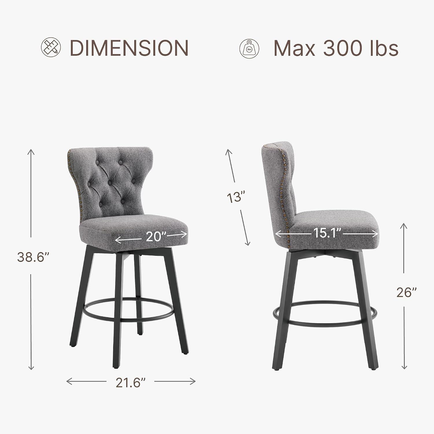 Counter Height Barstools 26 inch Upholstered Button Tufted Swivel Bar Stools with Back and Wood Legs for Kitchen Island,Set of 2,Grey-Nailhead Trim