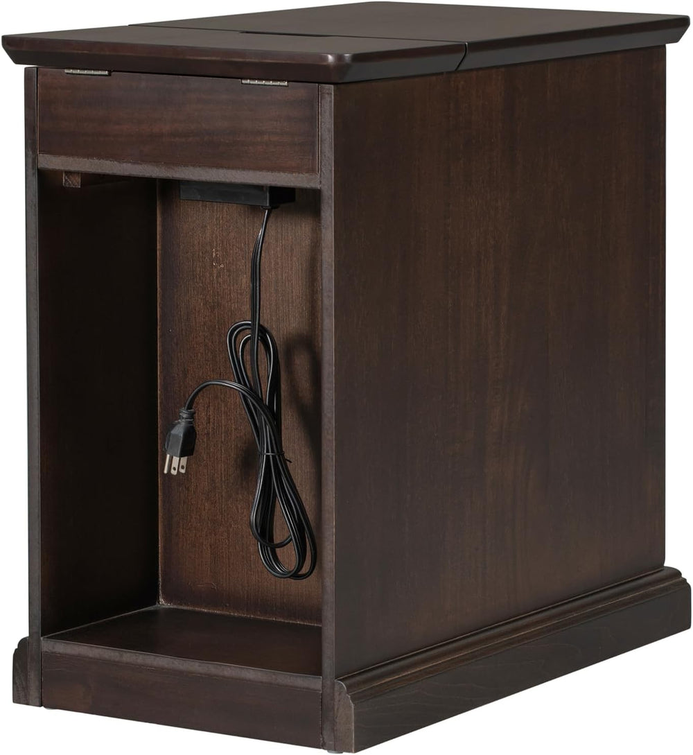 Traditional Narrow End Table with Charging Station, Antique Espresso Wood Sid...