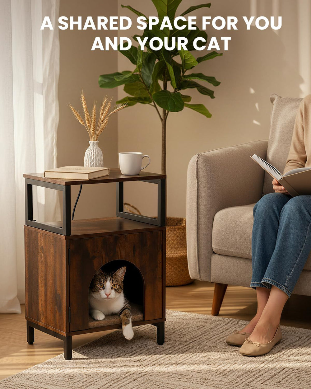 Cat Side Table with Charging Station & Storage Shelf, Small End Tables wi...