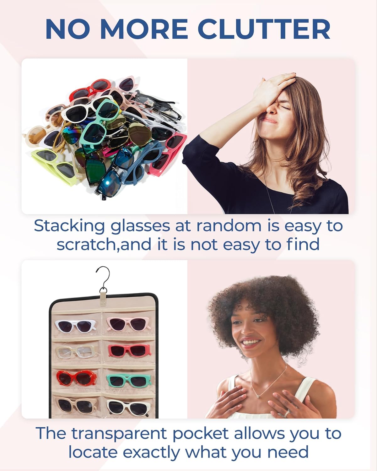 BAGSMART Hanging Jewelry Organizer, Dust Proof Sunglasses Storage Case Wall Mounted, Travel Dual Sided Glasses Case Multiple Pairs, Eyeglasses Holder with 32 Clear Slots & Metal Hook, Black