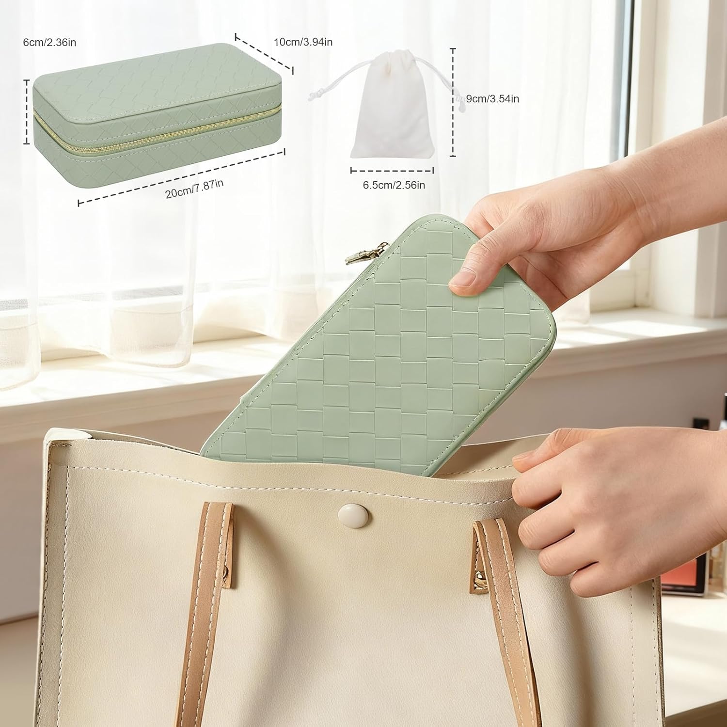 DesignSter Jewelry Organizer, Small Portable Travel Jewelry Storage for Women, Woven Embossed PU Jewelry Case with Mirror for Ring Earring Necklace Bracelet