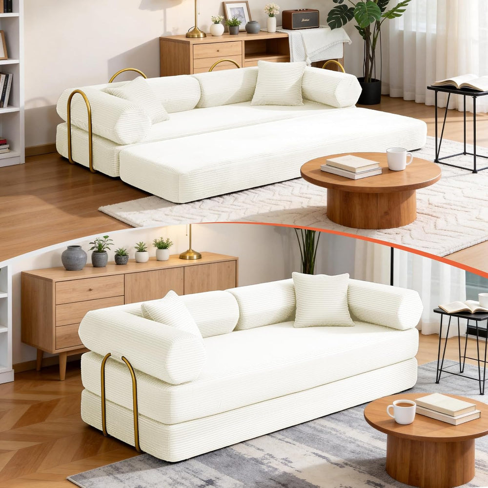 79" Corduroy Sofa Bed, Couch in a Box with 2 Pillows, High-Density Foam ...