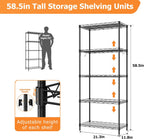 Storage Shelves,21.3" W x 11.8" D x 58.5" H Wire Shelving Unit Loads 550LBS,5-tier Adjustable Metal Utility Shelf,Garage Shelves with Liner and Hooks,Home Storage Rack for Kitchen,Laundry,Pantry