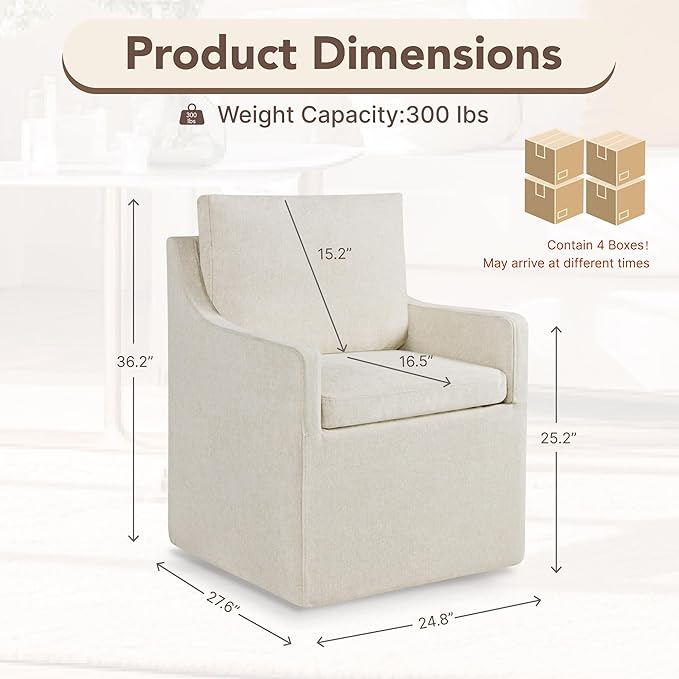 Upholstered Dining Chairs Set of 4, Modern Dining Room Chairs with Casters & Washable Cover, Rolling Accent Chair with Hidden Storage for Kitchen, Farmhouse, Living Room, Beige, 4 Box