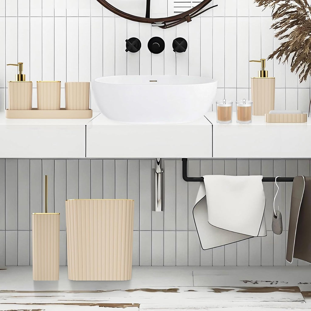 Bathroom Accessories Set - Gorgeous Bathroom Set, 10PC Beige Bathroom Accessory Set, Toilet Brush, Trash Can & Soap Dispenser