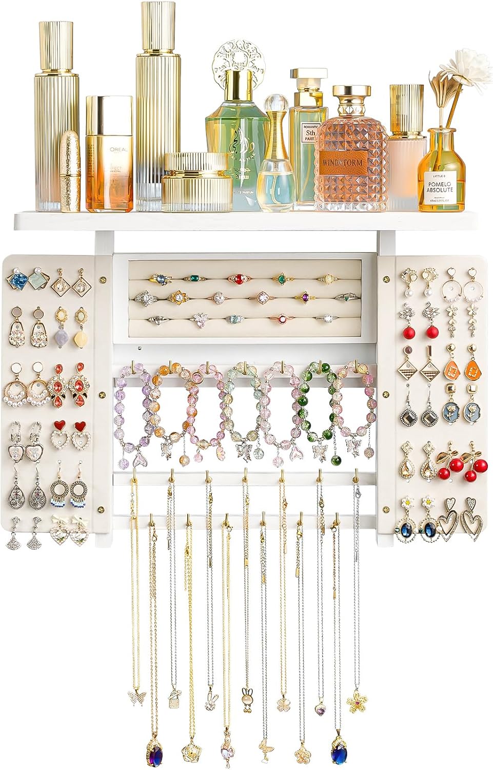 Emfogo Jewelry Organizer Hanging Wall Mounted Jewelry Holder, 5-in-1 Large Capacity Necklace Organizer Wall Hanging Jewelry Display for Ring, Necklaces, Bracelets, Earrings (White)