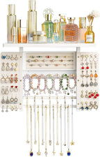 Emfogo Jewelry Organizer Hanging Wall Mounted Jewelry Holder, 5-in-1 Large Capacity Necklace Organizer Wall Hanging Jewelry Display for Ring, Necklaces, Bracelets, Earrings (White)