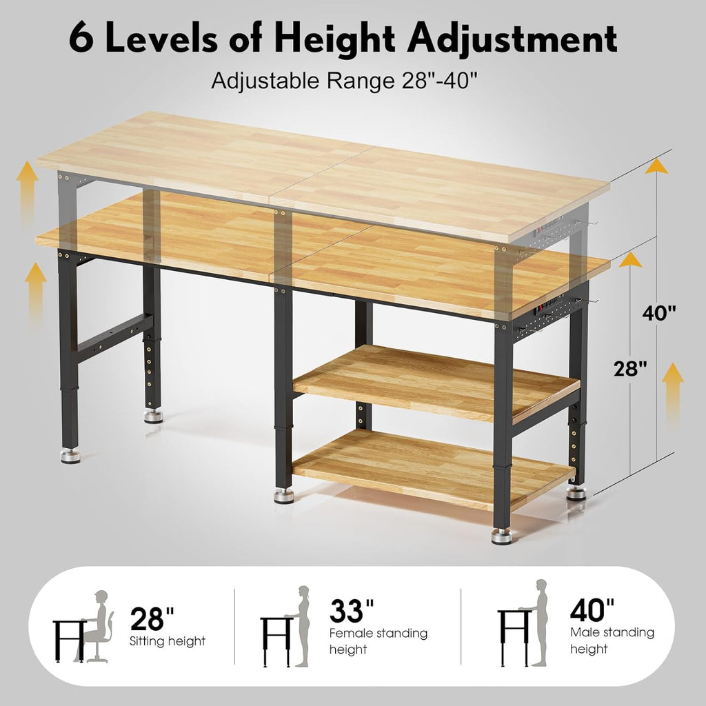 72” Adjustable Work Bench, 2-Layer Heavy Duty Workbench, 6000 LBS Capacity Workbench with Pegboard & Power Outlet, Rubber Wood Work Table for Garage, Office, Workshop, Home