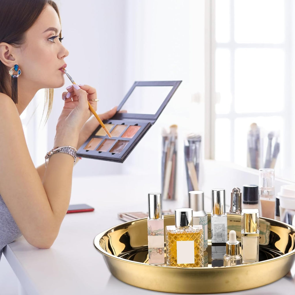 Thenshop 3 Pcs 15 Inch Gold Round Serving Tray Stainless Steel Circle Decorative Vanity Gold Plate Metal Jewelry Makeup Organizer Dishes for Gift Wedding Coffee Table Bathroom Dessert Christmas