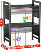 Microwave Stand, 3-Tier Expandable(17.4"- 27.4") Heavy Duty Adjustable Shelf Microwave Oven Rack, Kitchen Countertop Organizer and Storage with 9 Hooks & Cutting Board Holder, Holds up 180 lbs, Black