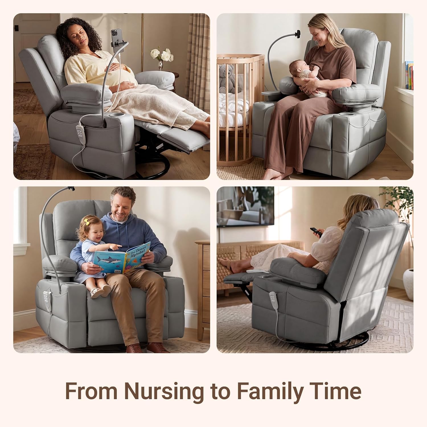 MAMAZING Lullapod Power Nursery Rocking Chair with HugAssist Armrest | Triple Motor Power Nursing Recliner with 270° Swivel Glider & Quiet Rocking, Dual Charging Ports & Built-In Storage