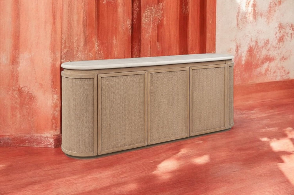 Stone Top and Rope Front Server with Beige, Solid Wood+MDF | Spacious storage...