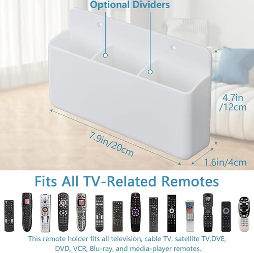 3 Slot Adjustable Remote Control Holder Wall Mount, TV Remote Box Hollow Bottom Slot Easy Phone Charging, Self Adhesive Remote Holder,Wall Pen Holder Storage Accessories for Home Office School (White)