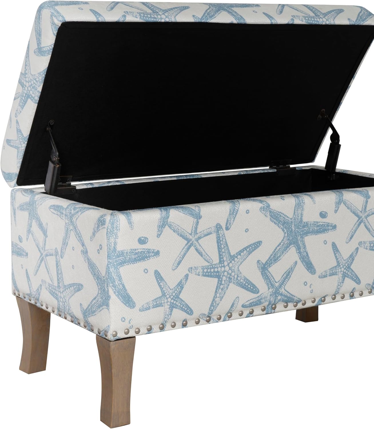 Linon Stephanie Cream and Light Blue Starfish Fully Upholstered Bench with Hidden Interior Storage