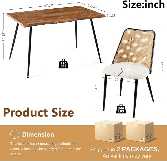 Modern Dining Room Table Set for 4, 5 Pieces Kitchen Table Set with 4 Upholsetered Boucle Dining Chairs Curved Rattan Backrest, Engineered Wood Dining Table Set for Breakfast Nook Coffee