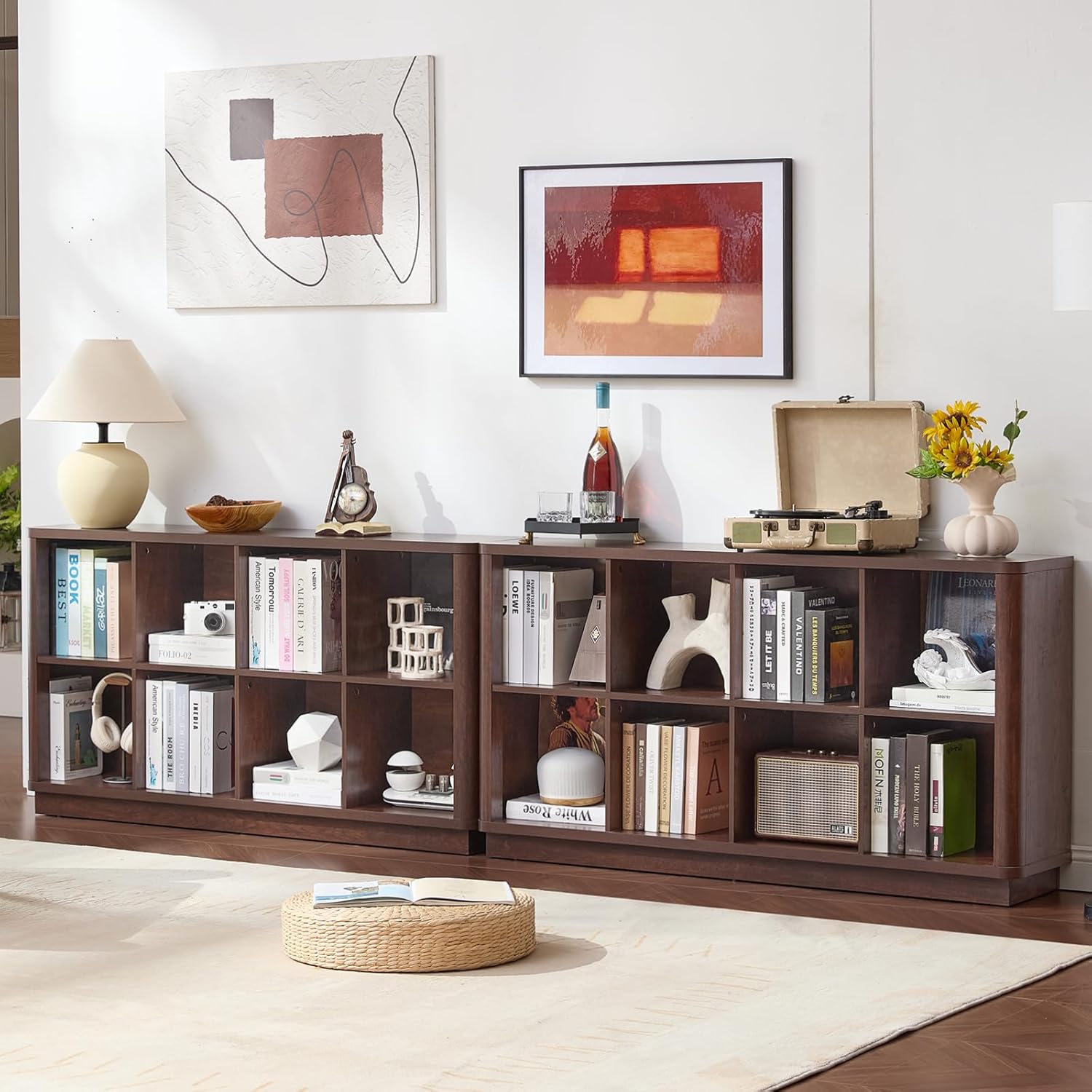 8 Cube Bookcase, 52" Long Horizontal Book Shelf w/Curved Edge, Floor Standing 2-Tier Cubby TV Stand Bookshelf with Wooden Base, Farmhouse Low Storage Cabinet for Living Room, Office, Walnut