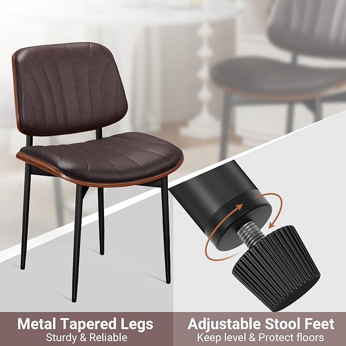 Dining Chairs Set of 4, Mid-Century Modern Upholstered PU Leather Chairs with Walnut Bentwood Back and Metal Legs Adjustable Feet for Kitchen Dining Room, Dark Brown Shell Strips