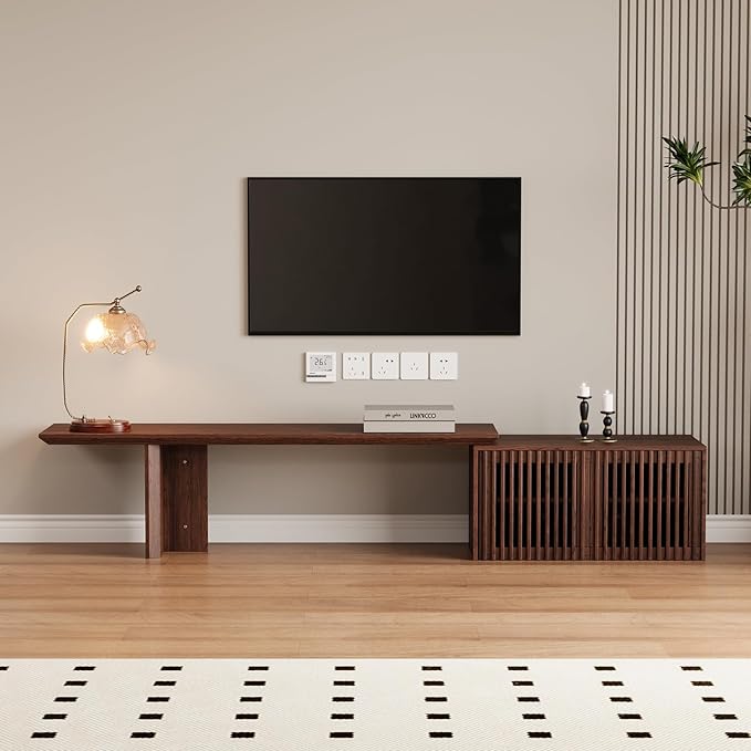 XEW Extendable TV Stand with Storage and Shelves, Wood Entertainment Center for 55+ Inch TV, Modern TV Console, Minimalist Media Console for Living Room, Bedroom-Walnut (Extendable: 63"-86.6")