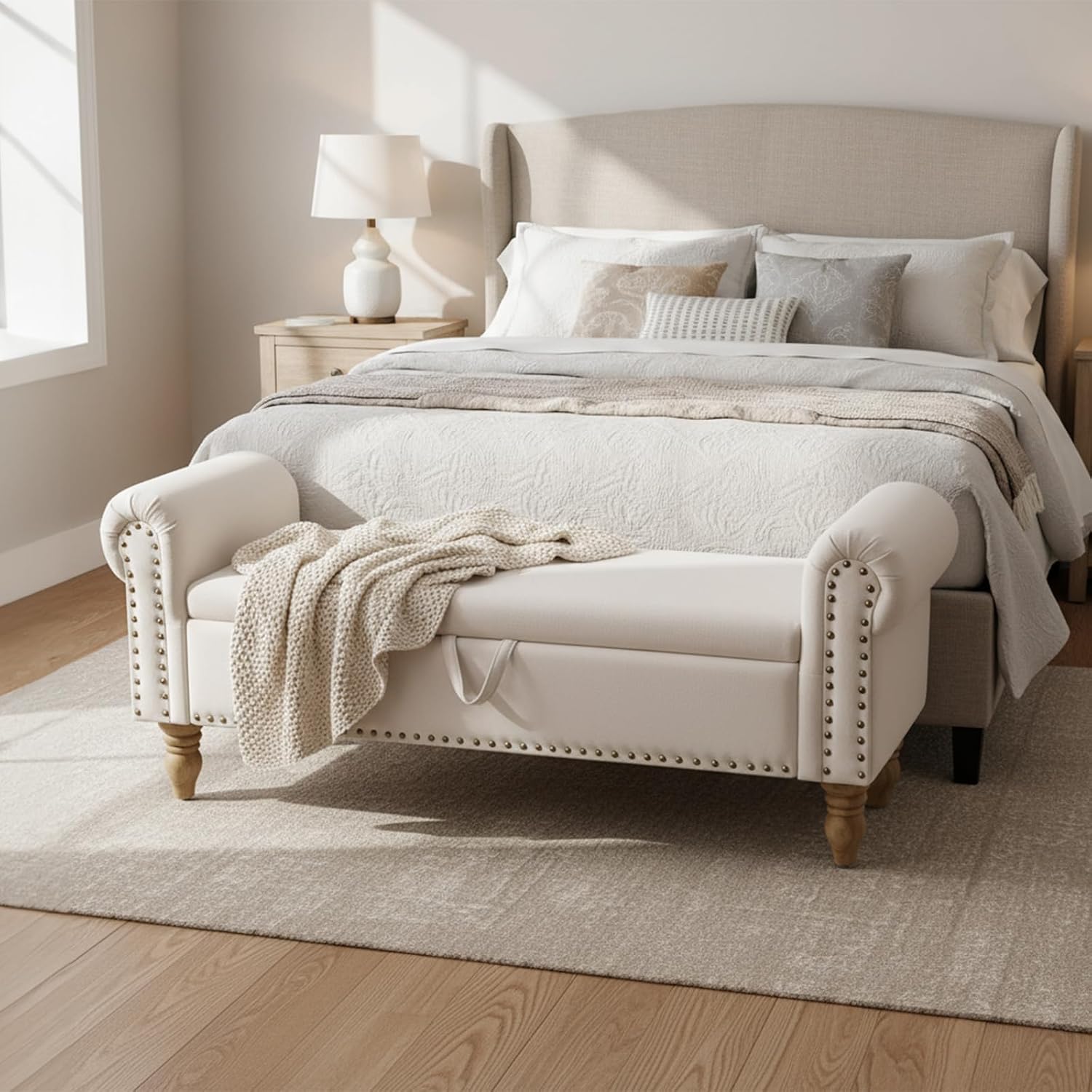 55" Linen Storage Bench, Queen End of Bed, Off-White | Linen Upholstered, Bedroom/Entryway/Closet, Storage Ottoman Bench, Window Seat, Lift-Top Storage, for Queen & King Bed