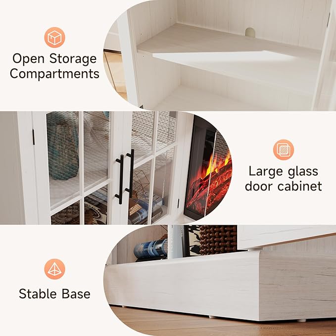 98" Farmhouse TV Stand with 36" Fireplace for Living Room,Media Entertainment Center with Adjustable Shelves and Large Storage Cabinets, White TV Stand for TVs up to 100", White
