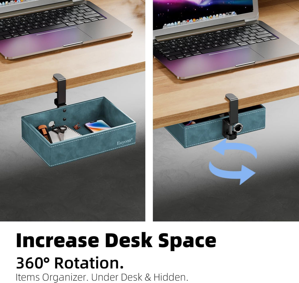 Mesh Hidden Desk Organizer with Swivel Pencil Drawer - Heavy-Duty C-Clamp Mount for Office Supplies, Art Tools & Home Storage, Easy Install Desktop Accessories (Sky Blue)
