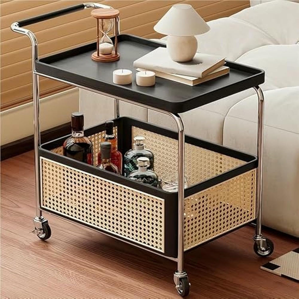 Rolling Rattan Side Table with Wheels - 2-Layer Storage Coffee Table & En...