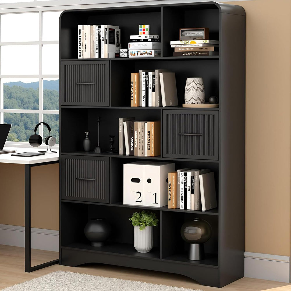Tall Bookshelf with Drawers, 70" Modern Bookcase with Adjustable Storage...