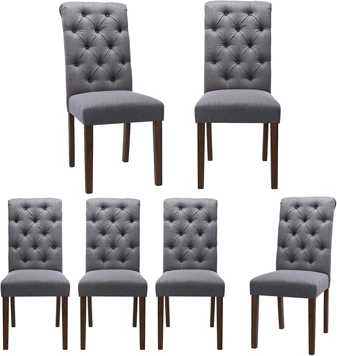Tufted Dining Chairs Set of 6, Upholstered Parsons Dining Room Chairs, Fabric Kitchen Side Chair with Wood Legs, Dark Grey
