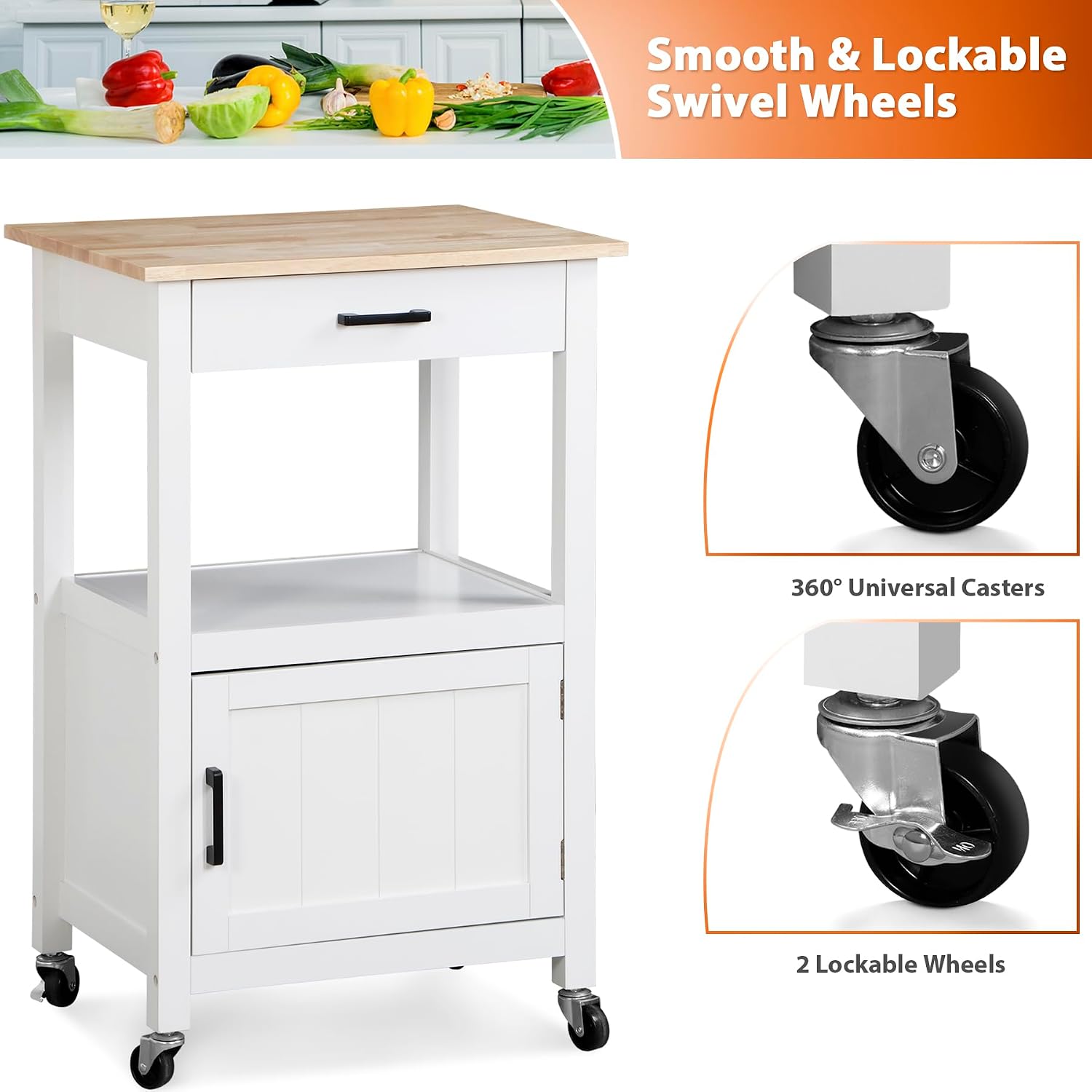 ZENY Rolling Kitchen Island Cart with Storage Cabinet and Shelf, Kitchen Cart with Drawer on Wheels, Small Home Coffee Bar, Microwaves Stand with 3 Side Hooks for Dining Room, White
