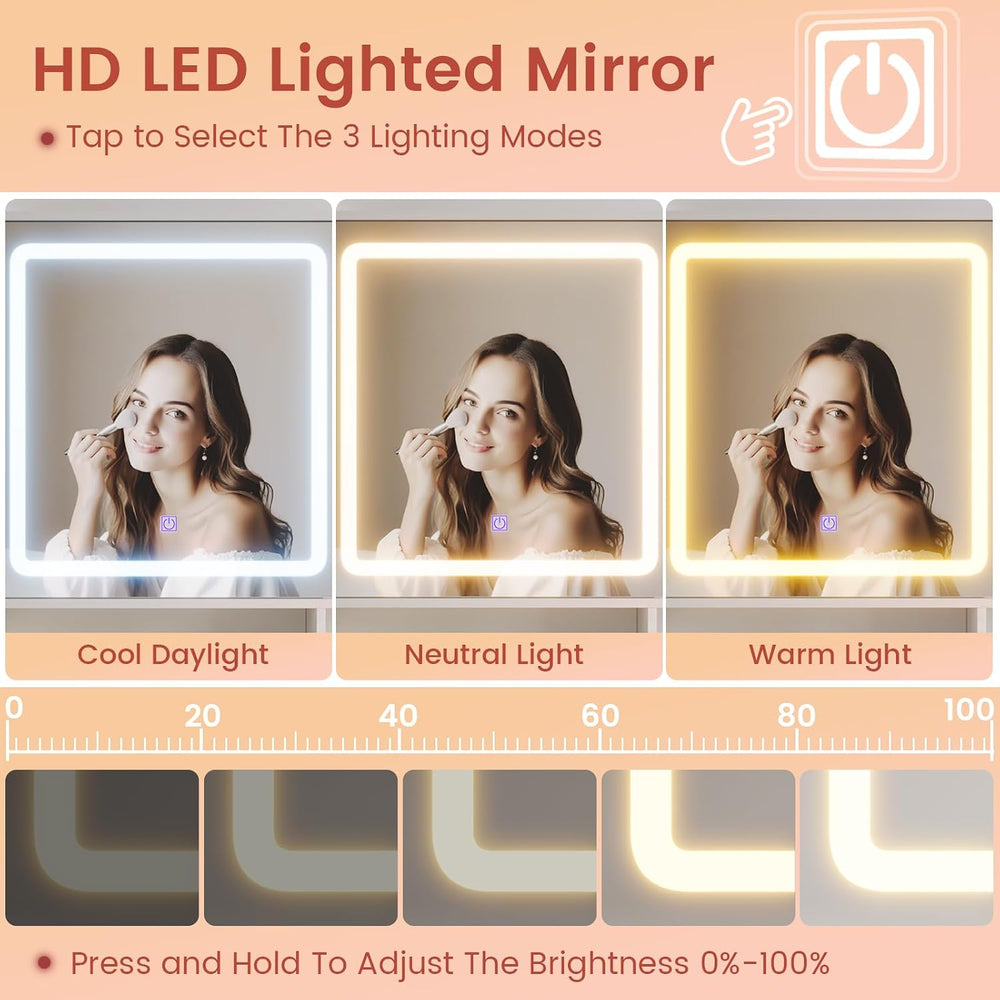 DICTAC Makeup Vanity Desk with Sliding LED Lighted Mirror, 47.2"W Large ...