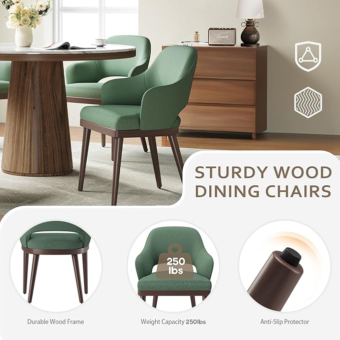 Wooden Dining Chairs Set of 6, Modern Fabric Upholstered Dining Room Chair, Kitchen Side Chairs, Farmhouse Dinner Chair with Open Back for Kitchen, Green