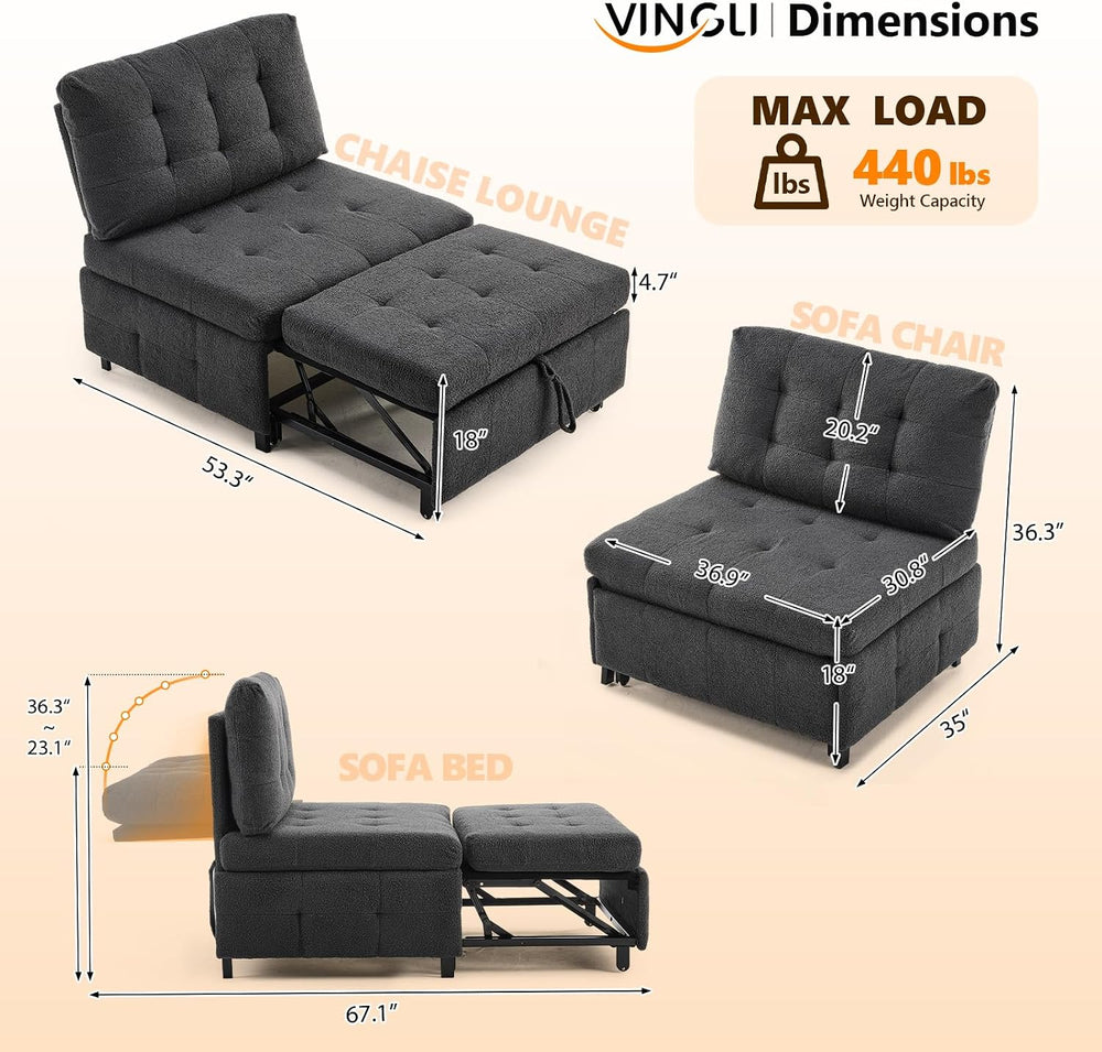 VINGLI Convertible Sofa Bed Tufted Teddy Fleece Sleeper Chair Bed Couch Armle...
