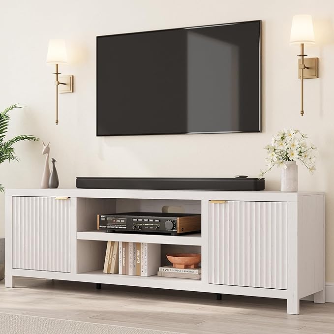 IDEALHOUSE Fluted TV Stand for 80 inch, Modern Entertainment Center with Adjustable Shelves, White TV & Media Cabinet 2-Tier Storage for Living Room Bedroom
