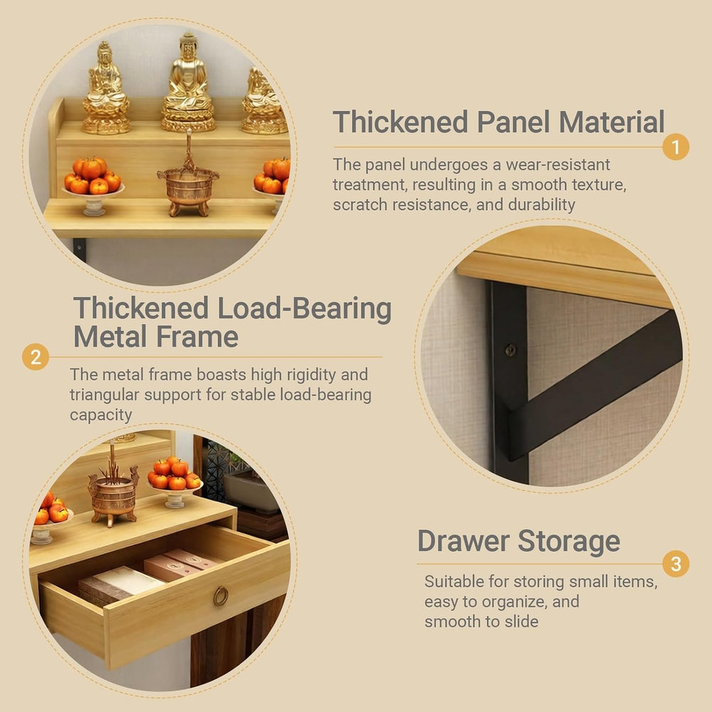 Solid Wood Wall Mounted Altar Table with Pull-Out Drawer for Incense & Me...