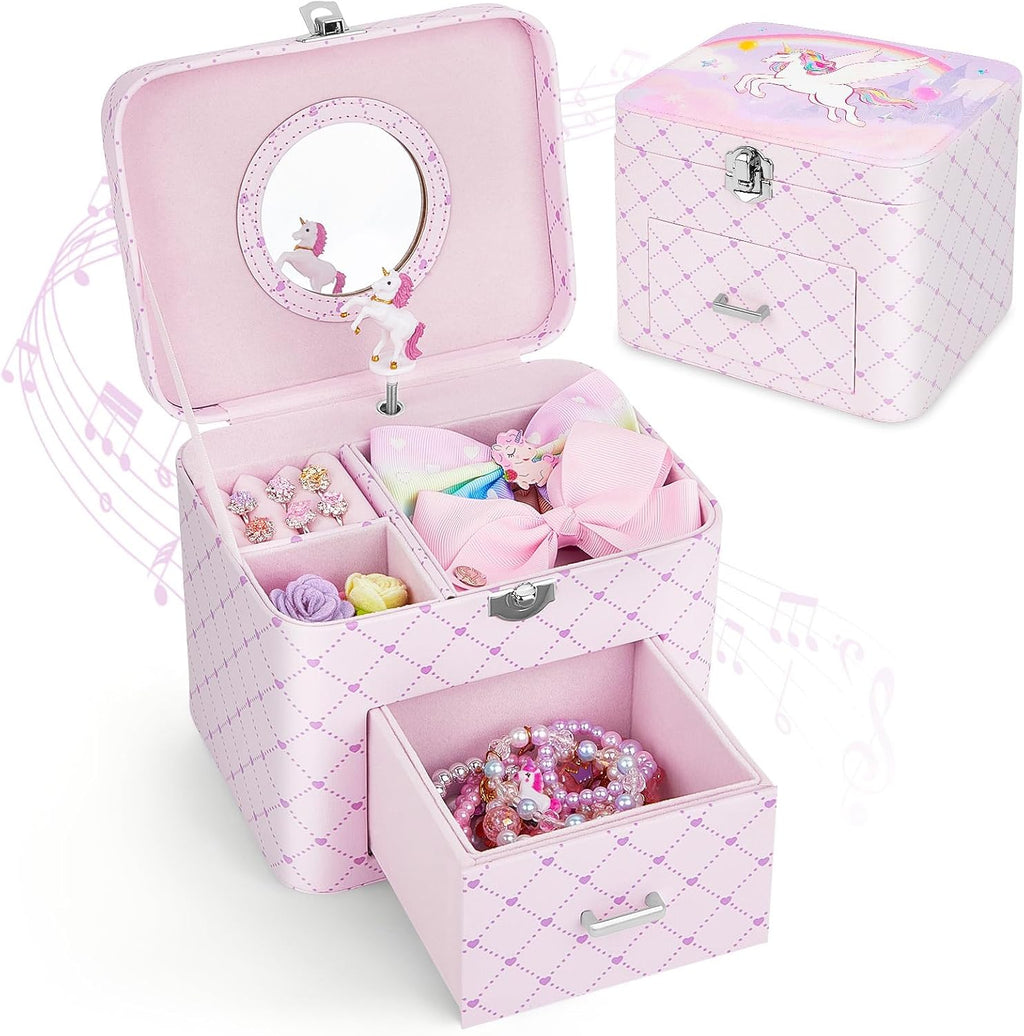 Basumee Musical Jewelry Box for Girls PU Leather Music Box with Drawer Large Kids Jewelry Organizer with Unicorn/Ballerina Jewelry Storage for Little Girls Ages 3–10, Birthday & Holiday Present