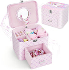 Basumee Musical Jewelry Box for Girls PU Leather Music Box with Drawer Large Kids Jewelry Organizer with Unicorn/Ballerina Jewelry Storage for Little Girls Ages 3–10, Birthday & Holiday Present
