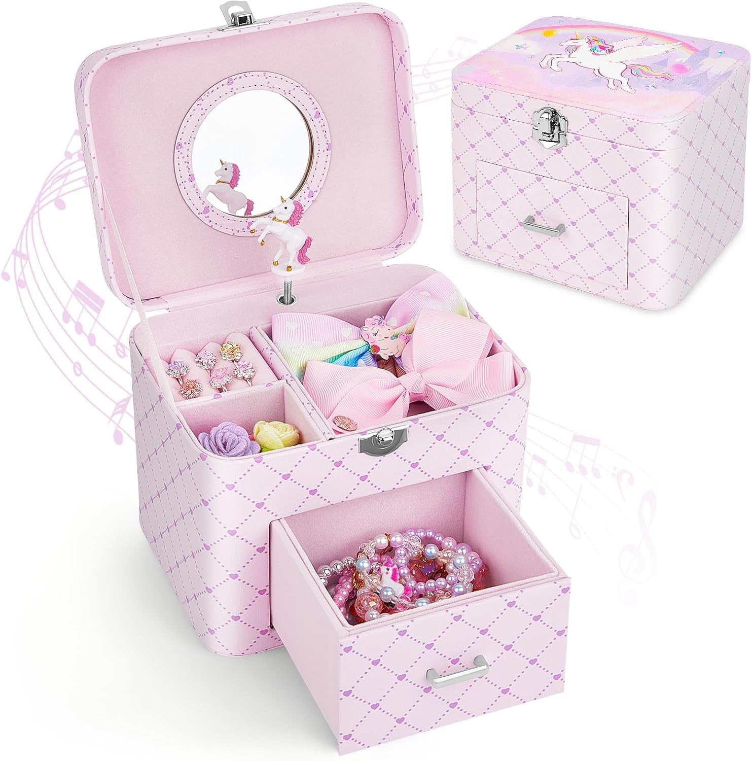 Basumee Musical Jewelry Box for Girls PU Leather Music Box with Drawer Large Kids Jewelry Organizer with Unicorn/Ballerina Jewelry Storage for Little Girls Ages 3–10, Birthday & Holiday Present
