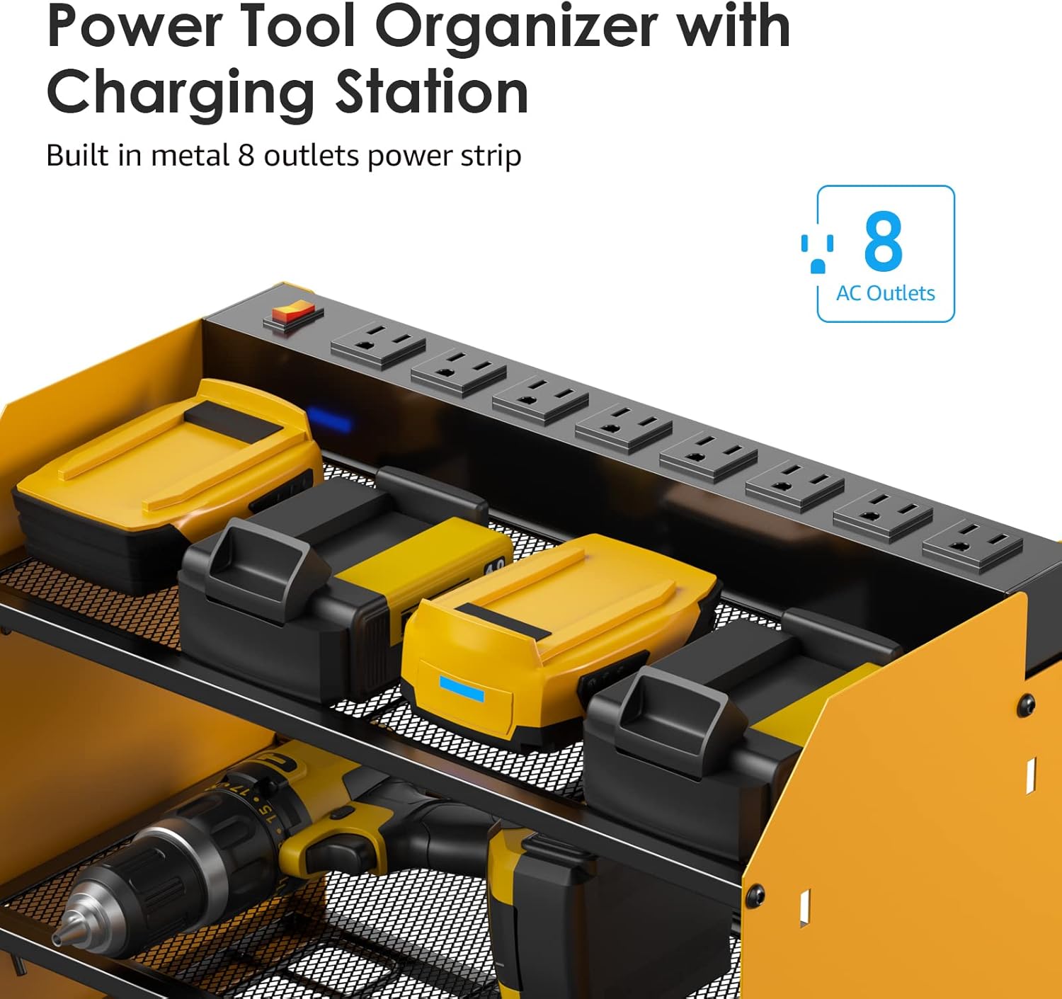 CCCEI Modular Power Tool Organizer Wall Mount with Charging Station. Garage Drill Storage Shelf with Hooks, Heavy Duty Rack, Tool Battery Holder Built in 8 Outlet. Gift for Men. Yellow, 1 Pack.