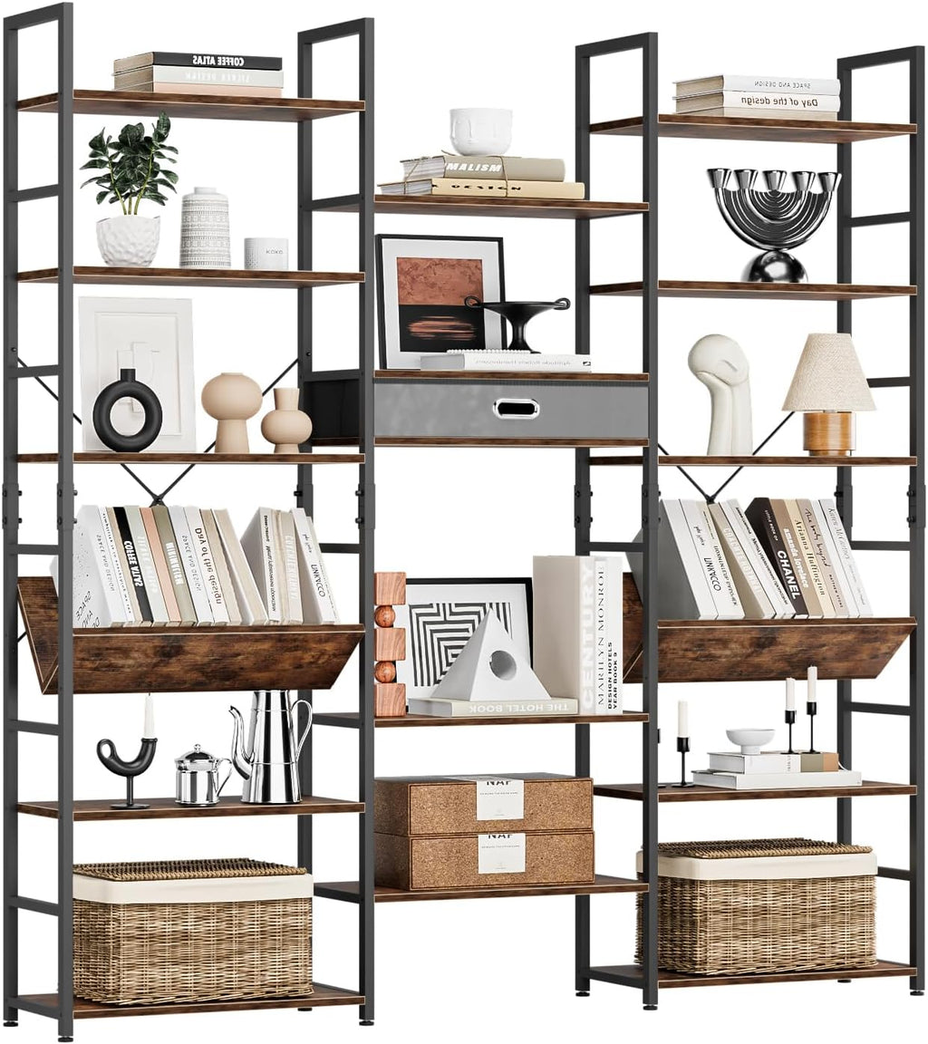 NUMENN Bookcases and Bookshelves Triple Wide 6 Tier Bookshelf, Large Etagere Bookshelf with Storage Drawer, Adjustable Open Display Shelves for Living Room Bedroom Home Office, Vintage