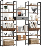 NUMENN Bookcases and Bookshelves Triple Wide 6 Tier Bookshelf, Large Etagere Bookshelf with Storage Drawer, Adjustable Open Display Shelves for Living Room Bedroom Home Office, Vintage
