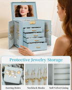 TORIBIO Jewelry Box for Women, Leather Jewelry Organizer with Mirror & Lock, 5-Tier Jewelry Storage Organizer with 4 Drawers for Girls/Women/Mothers, Necklace Earring Bracelets Holder Organizer