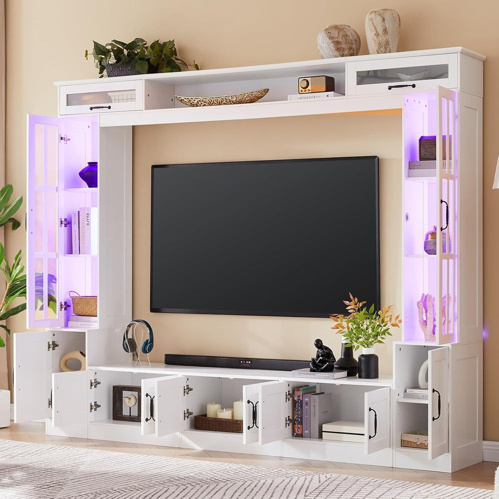 LUXOAK 98" Wide Wall Unit TV Stand with Storage Bookshelves & LED Li...
