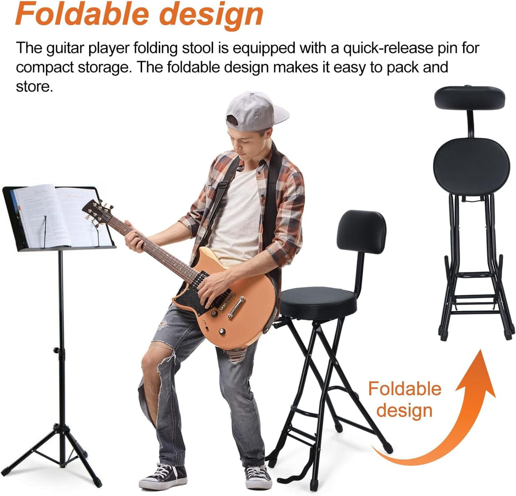 Folding Guitar Stool Chair with Padded Seat, Ergonomic Backrest & Built-in Stand - Heavy Duty Portable Seat for Acoustic, Electric, Bass Guitar Practice & Performance Black