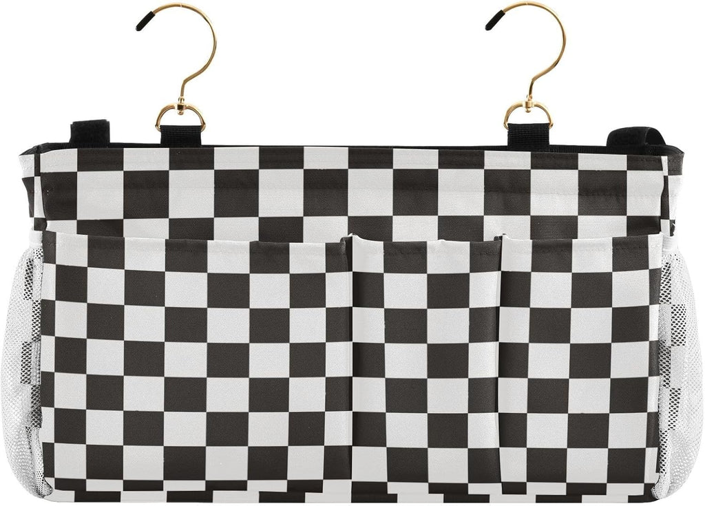 Checkered Black Bedside Caddy for Dorm Bed Bedside Hanging Caddy Bag Iron Frame Storage Organizer Pocket for Bunk Home College Hospital Beds 2 Hooks
