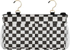 Checkered Black Bedside Caddy for Dorm Bed Bedside Hanging Caddy Bag Iron Frame Storage Organizer Pocket for Bunk Home College Hospital Beds 2 Hooks
