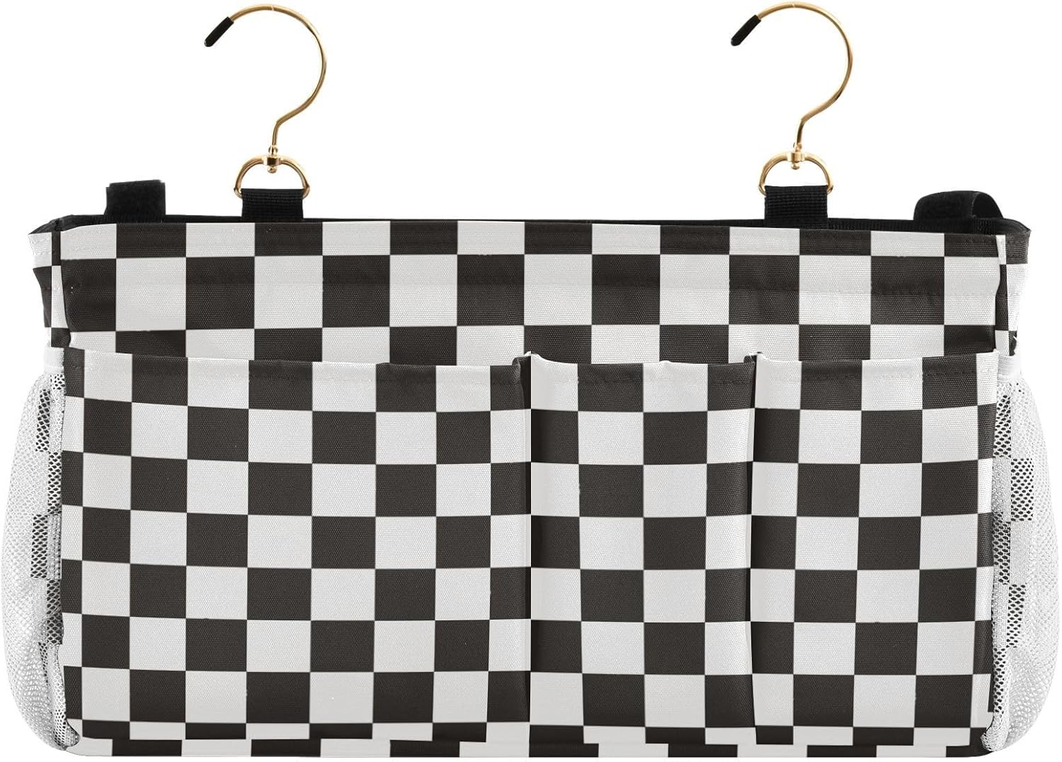 Checkered Black Bedside Caddy for Dorm Bed Bedside Hanging Caddy Bag Iron Frame Storage Organizer Pocket for Bunk Home College Hospital Beds 2 Hooks