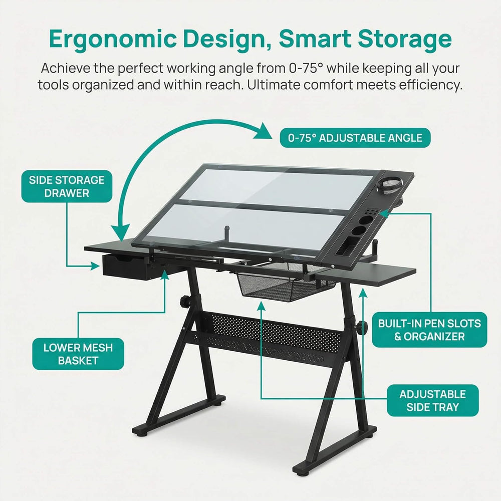 Litex Adjustable Drafting Table with Stool, Glass Top Art Desk for Drawing &a...
