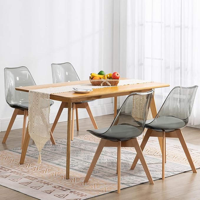 Clear Dining Chairs Set of 4, Modern Acrylic Dining Chair Transparent Chairs with PU Leather Cushions Seat & Wood Legs, Side Chairs for Dining Room Kitchen Restaurant Balcony (Grey)