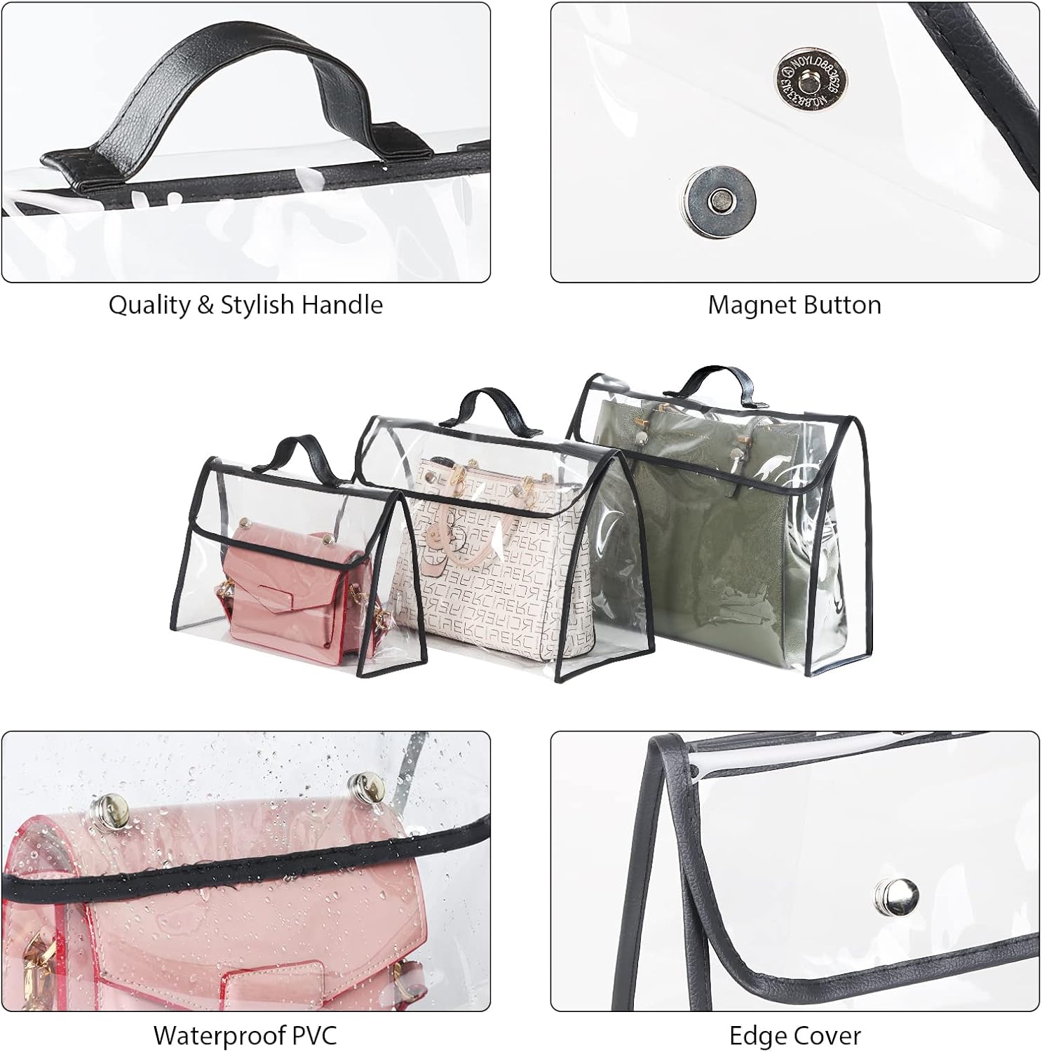 Univivi 6 Pack Dust Bags For Purses and Handbags,Clear Dust Covers Bag Organizer Closet Organizer System,Bedroom Handbag Organizer, With Magnet Button & Leather Handle (3 Size)